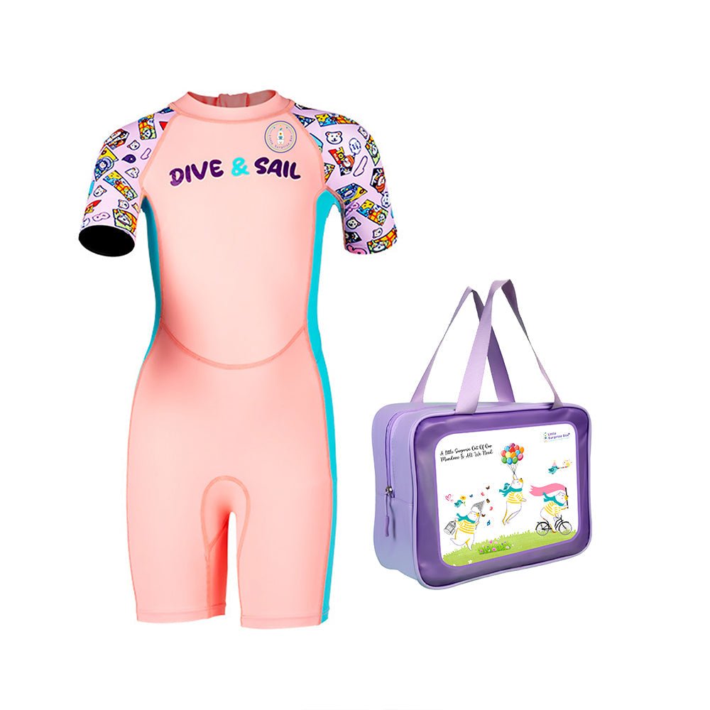 Pink Dive and Sail Printed Kids Knee Length UPF 50+ Swimwear With Free Washbag