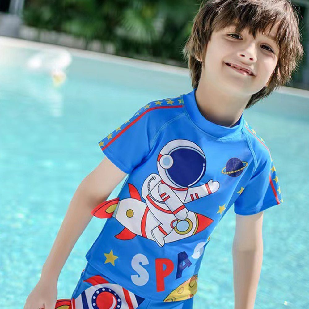 Dark Blue Space Rocket Printed Kids 2pcs Shirt and Shorts Set UPF 50+ Swimwear