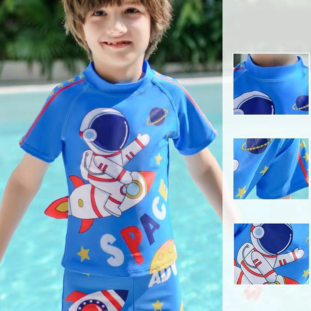 Dark Blue Space Rocket Printed Kids 2pcs Shirt and Shorts Set UPF 50+ Swimwear