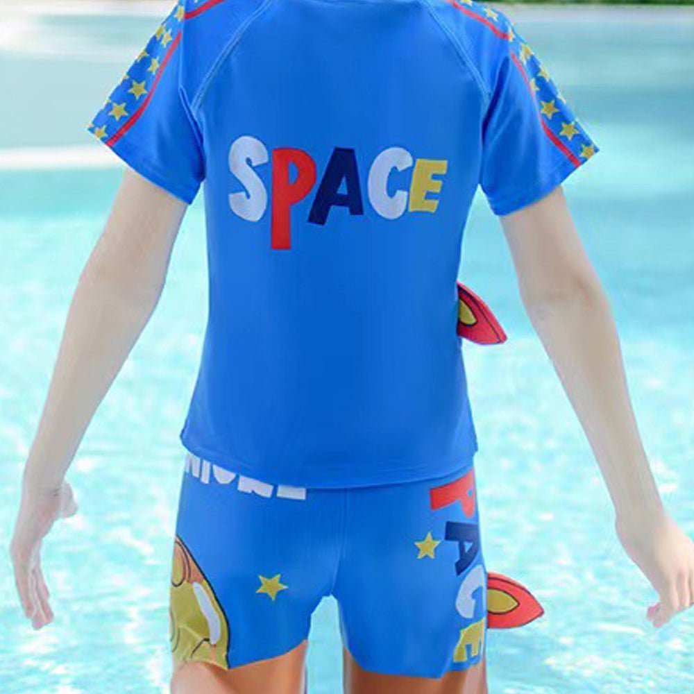 Dark Blue Space Rocket Printed Kids 2pcs Shirt and Shorts Set UPF 50+ Swimwear