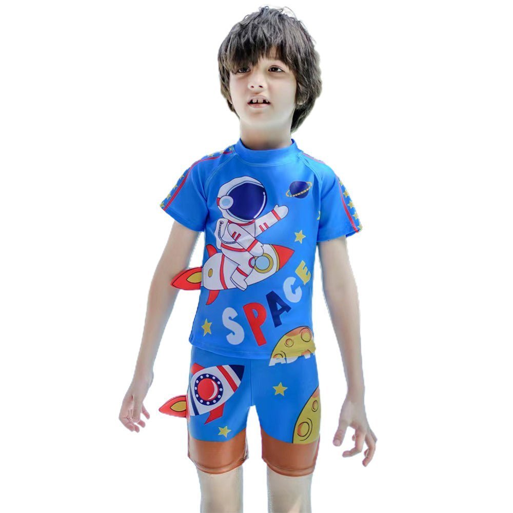Dark Blue Space Rocket Printed Kids 2pcs Shirt and Shorts Set UPF 50+ Swimwear
