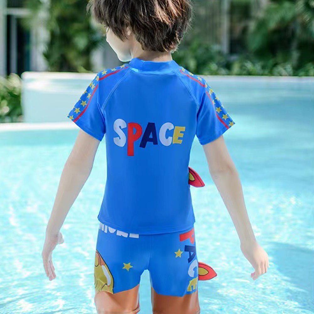 Dark Blue Space Rocket Printed Kids 2pcs Shirt and Shorts Set UPF 50+ Swimwear
