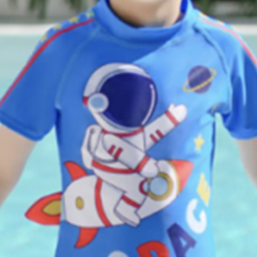 Dark Blue Space Rocket Printed Kids 2pcs Shirt and Shorts Set UPF 50+ Swimwear