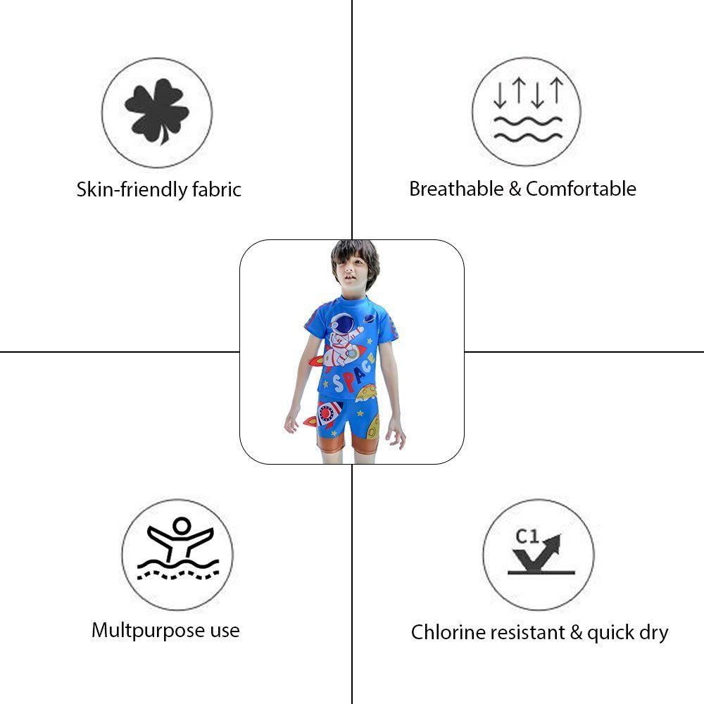 Dark Blue Space Rocket Printed Kids 2pcs Shirt and Shorts Set UPF 50+ Swimwear