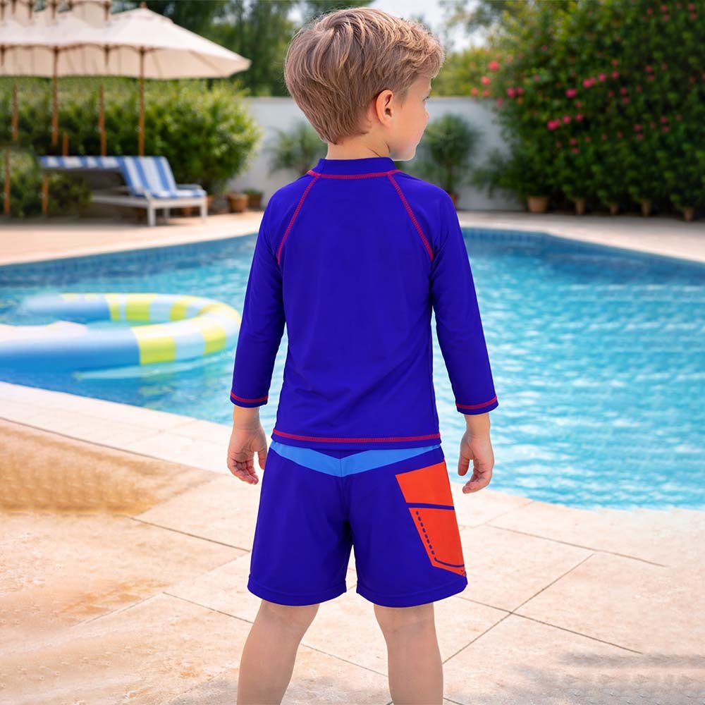 Navy Blue Shark Printed Boys 2-Piece Polyester Swimwear With Free Washbag