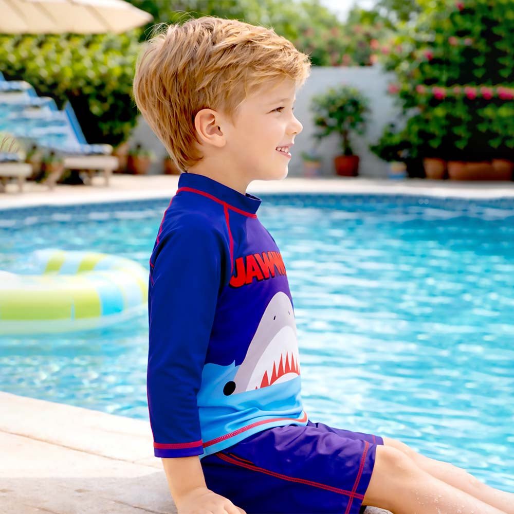 Navy Blue Shark Printed Boys 2-Piece Polyester Swimwear With Free Washbag