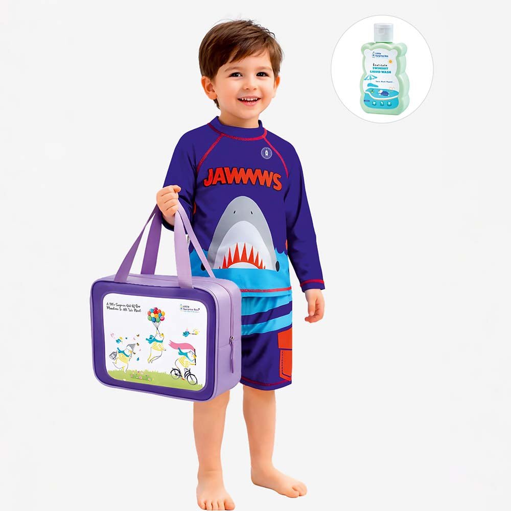 Navy Blue Shark Printed Boys 2-Piece Polyester Swimwear With Free Washbag