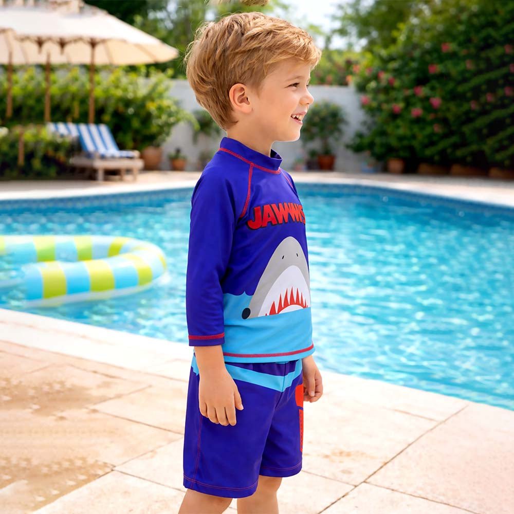 Navy Blue Shark Printed Boys 2-Piece Polyester Swimwear With Free Washbag