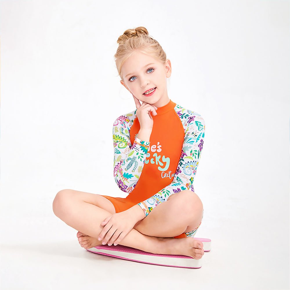 Orange She's So Lucky Printed Kids Knee Length UPF 50+ Swimwear With Free Washbag