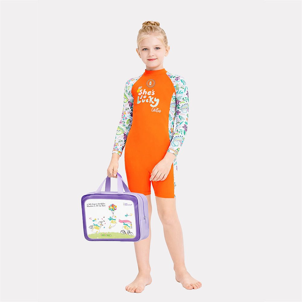 Orange She's So Lucky Printed Kids Knee Length UPF 50+ Swimwear With Free Washbag