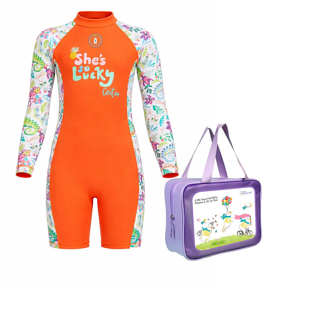 Orange She's So Lucky Printed Kids Knee Length UPF 50+ Swimwear With Free Washbag