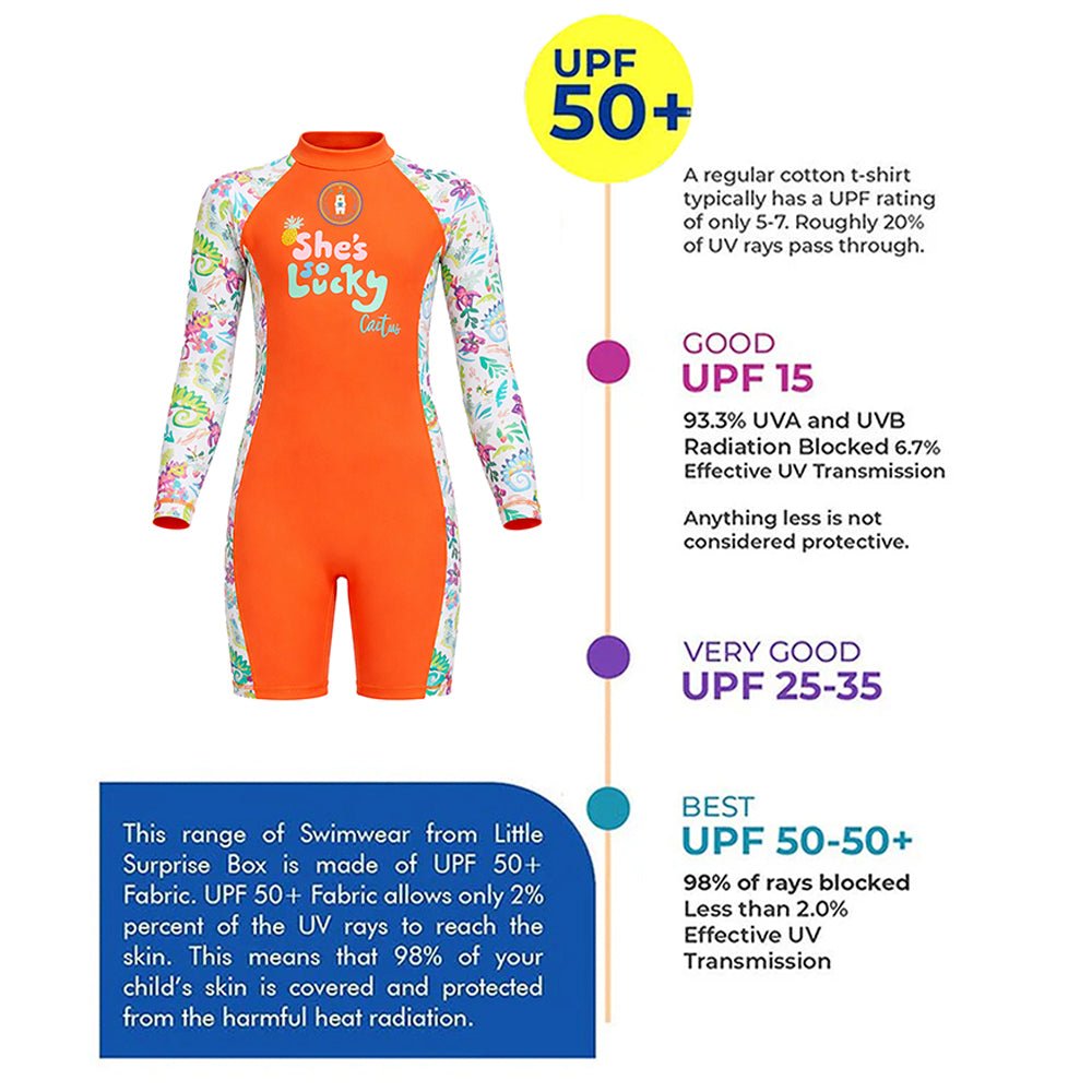Orange She's So Lucky Printed Kids Knee Length UPF 50+ Swimwear With Free Washbag