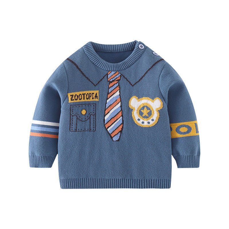 Little Surprise Box Teal Blue Little Man Tie Print Cardigan Sweater For Kids