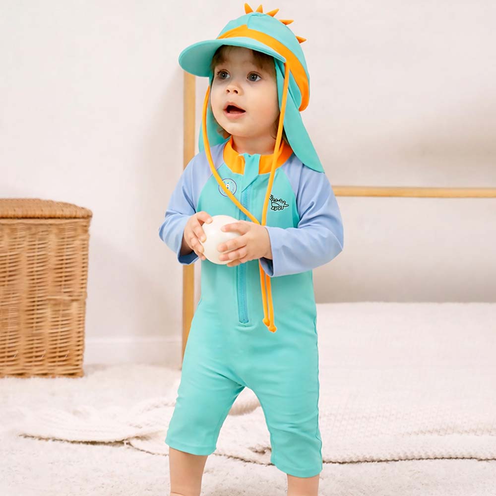 Teal & Orange Spikes Printed Kids Swimwear Set With Free Washbag & Detergent