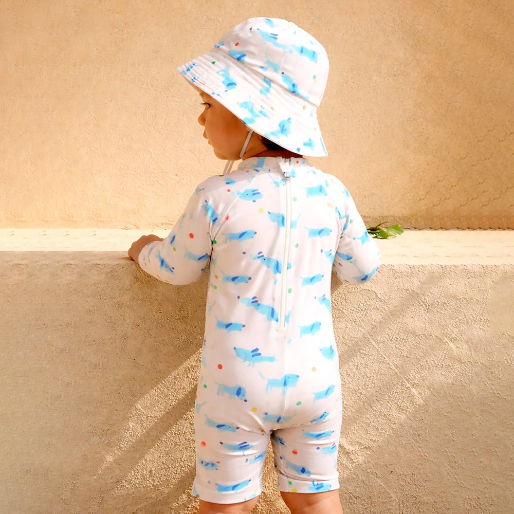 White Blue Dog Printed Kids Knee Length UPF Swimwear With Free Washbag