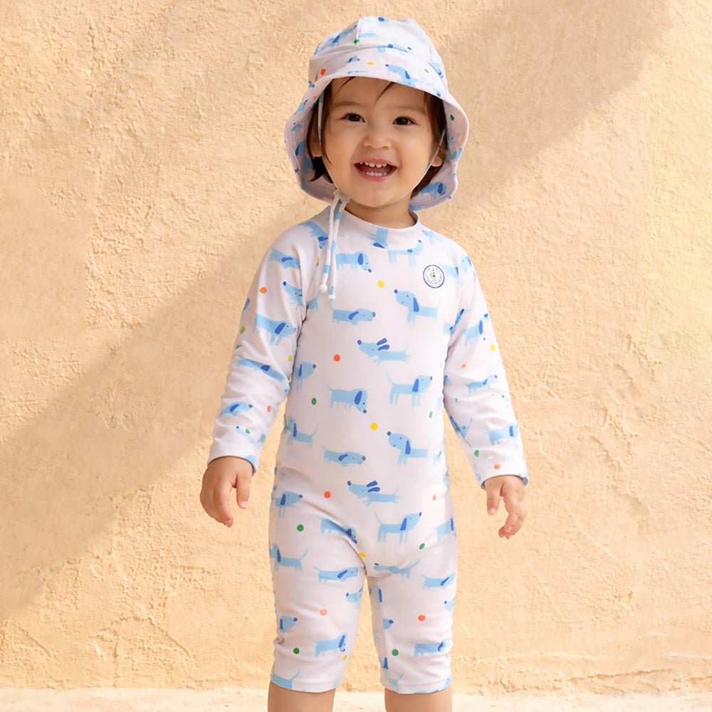 White Blue Dog Printed Kids Knee Length UPF Swimwear With Free Washbag