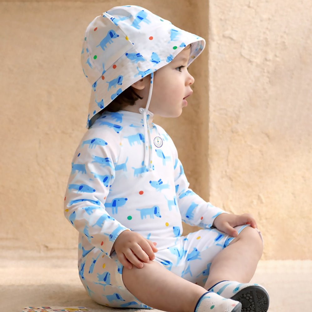White Blue Dog Printed Kids Knee Length UPF Swimwear With Free Washbag