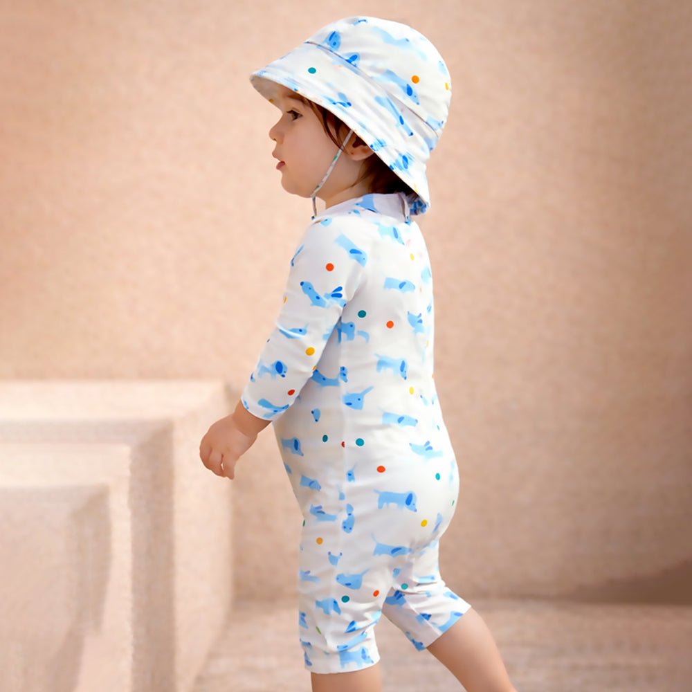 White Blue Dog Printed Kids Knee Length UPF Swimwear With Free Washbag