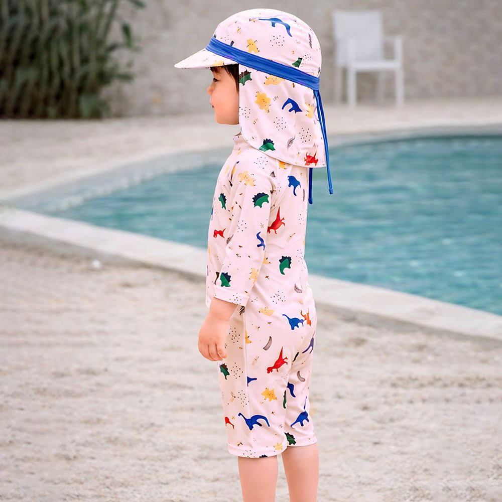 White Dotted Dino Printed Kids Knee Length Swimwear With Free Washbag