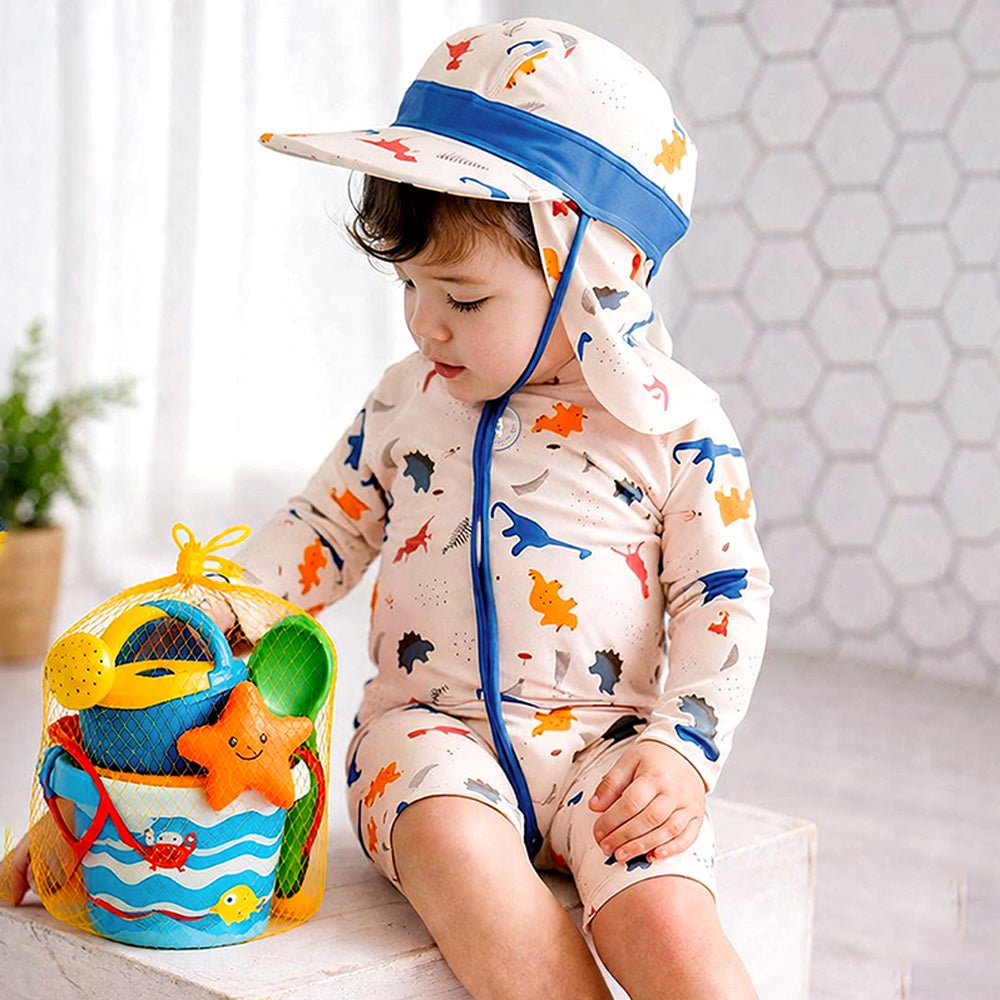 White Dotted Dino Printed Kids Knee Length Swimwear With Free Washbag