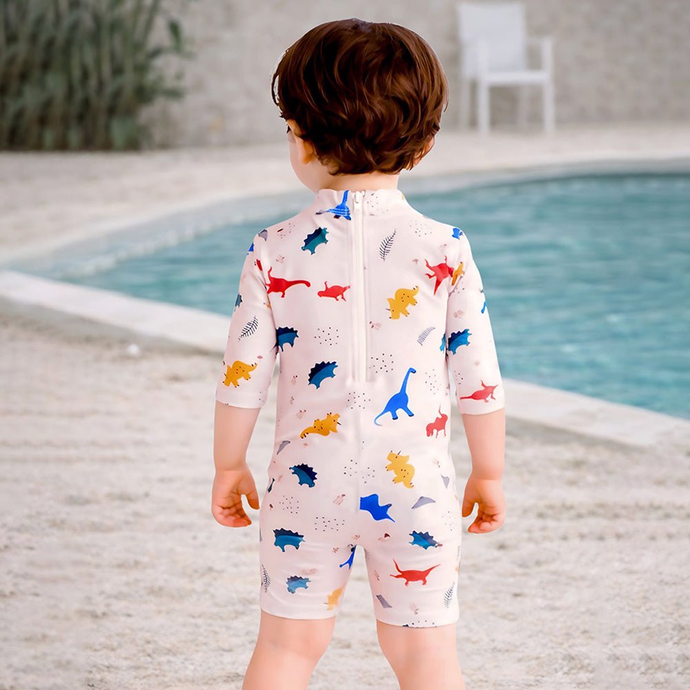 White Dotted Dino Printed Kids Knee Length Swimwear With Free Washbag
