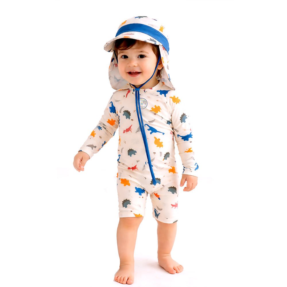 White Dotted Dino Printed Kids Knee Length Swimwear With Free Washbag