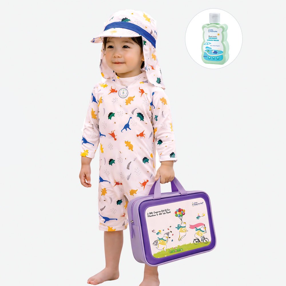 White Dotted Dino Printed Kids Knee Length Swimwear With Free Washbag