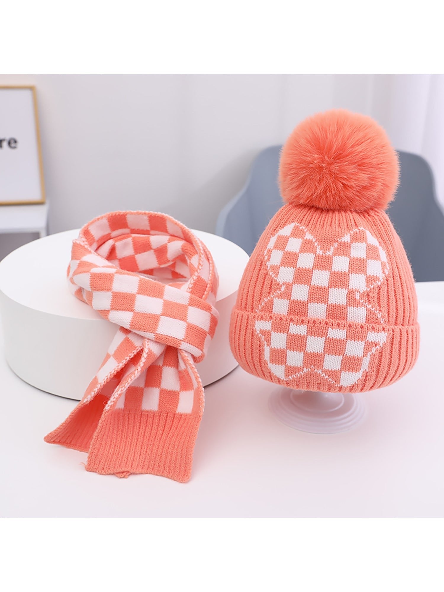 Little Surprise Box Peach Checks Winter Cap Beanie Muffler Set