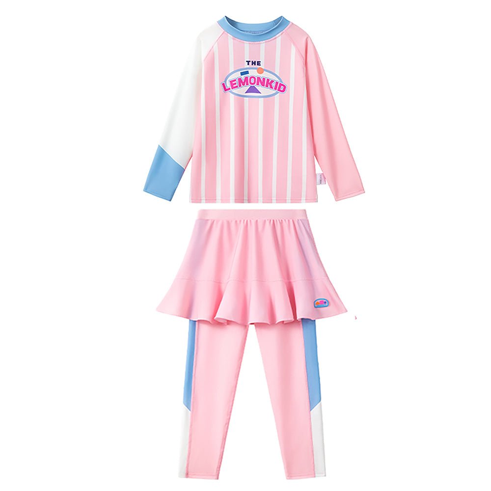 Bold Pink Stripes Printed Girls UPF 50+ 2pcs Swimwear With Matching Leggings