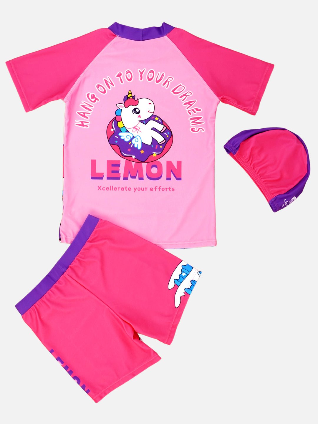 Dark Pink Unicorn Moon Printed Kids UPF 50+ 2pcs Swimwear With Matching Swim Cap