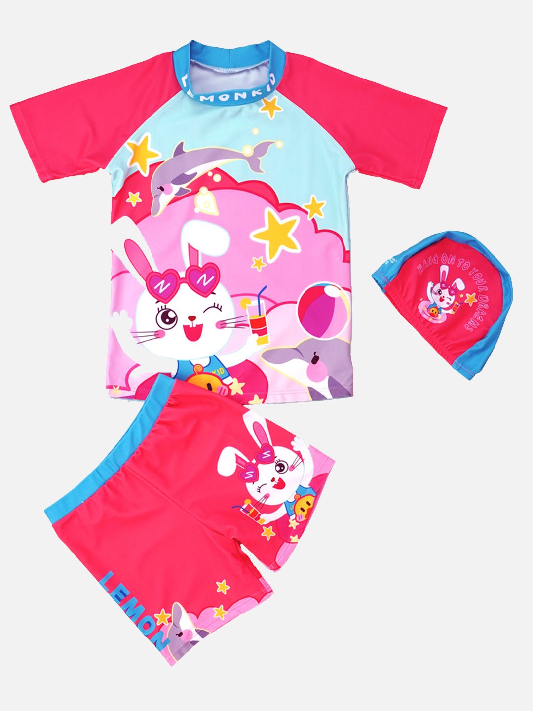 Pink Starry Rabbit Printed Kids Swimwear Set With Free Washbag & Cap