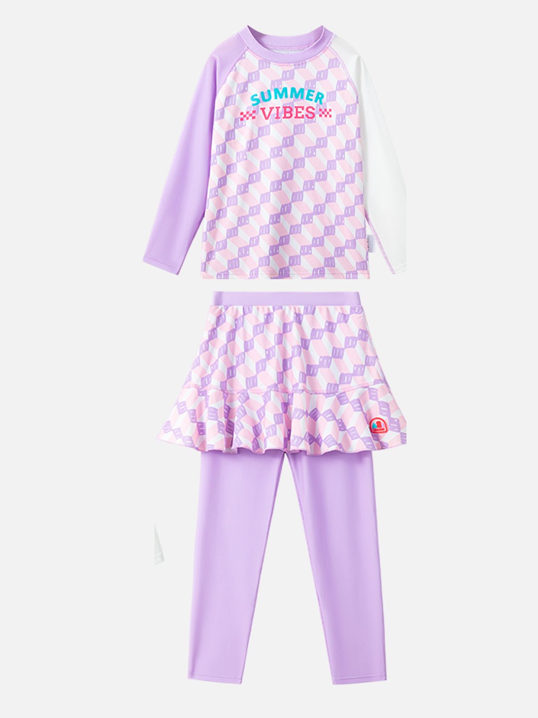 Purple Checkered Printed Girls UPF 50+ 2pcs Swimwear With Matching Swim Cap