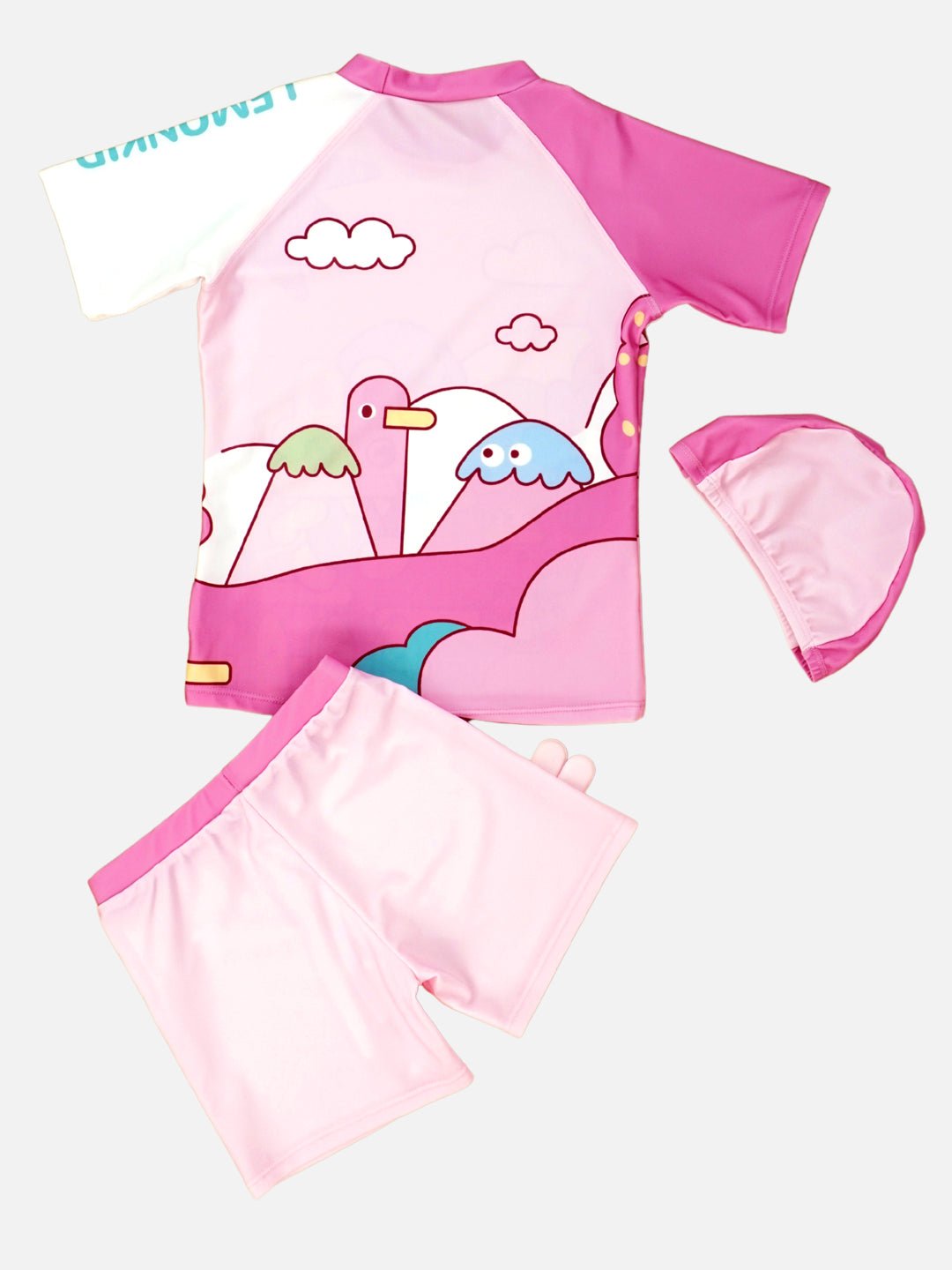 Baby Pink Rabbit Toy Printed Kids UPF 50+ 2pcs Swimwear With Matching Swim Cap