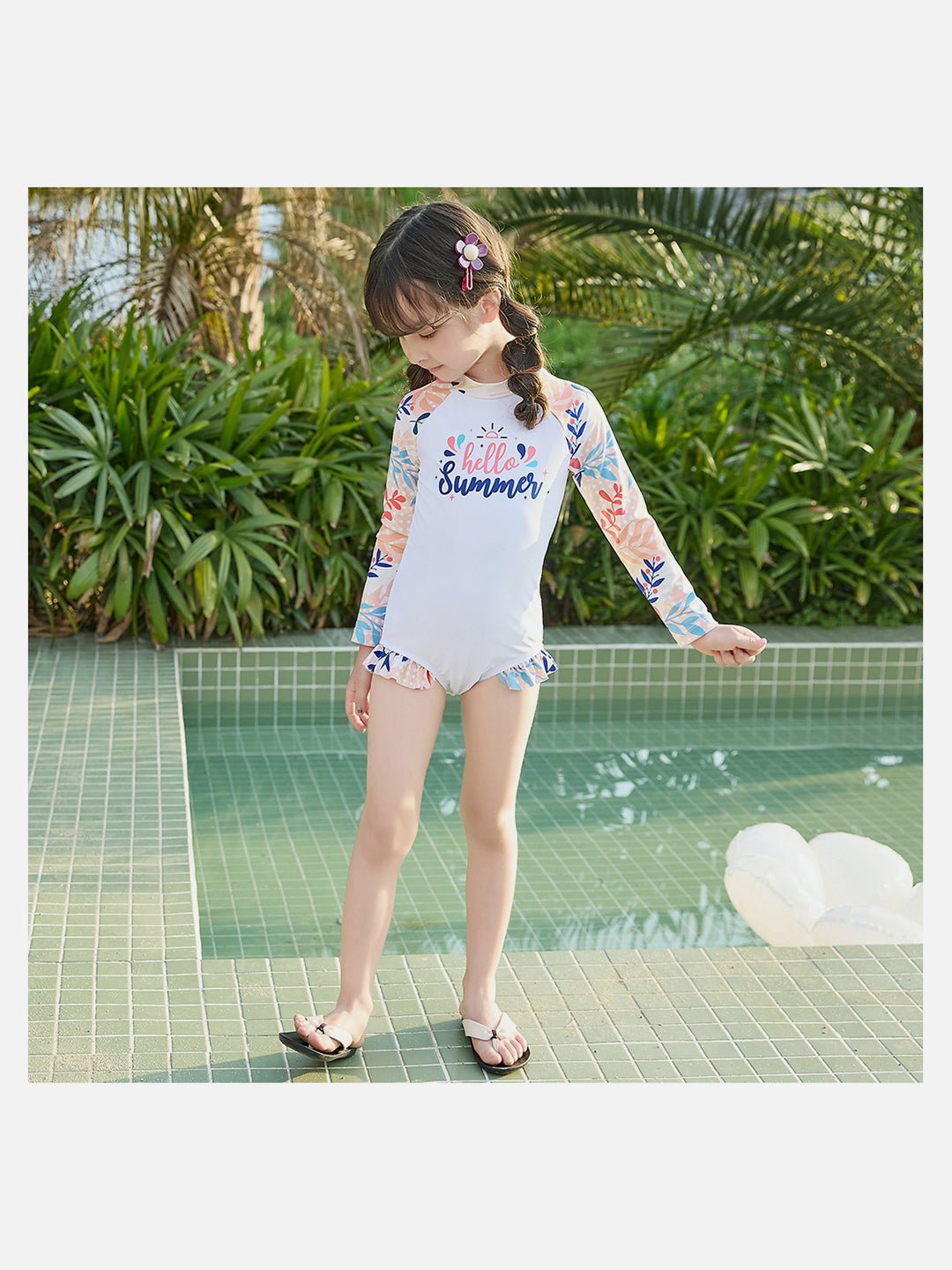 Pink Hello Summer Floral Printed Kids One Piece UPF 50+ Swimwear With Swim Cap