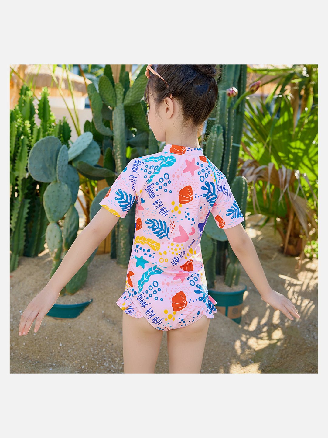 Pink Shell Starfish Printed Kids UPF 50+ 2pcs Swimwear With Matching Swim Cap