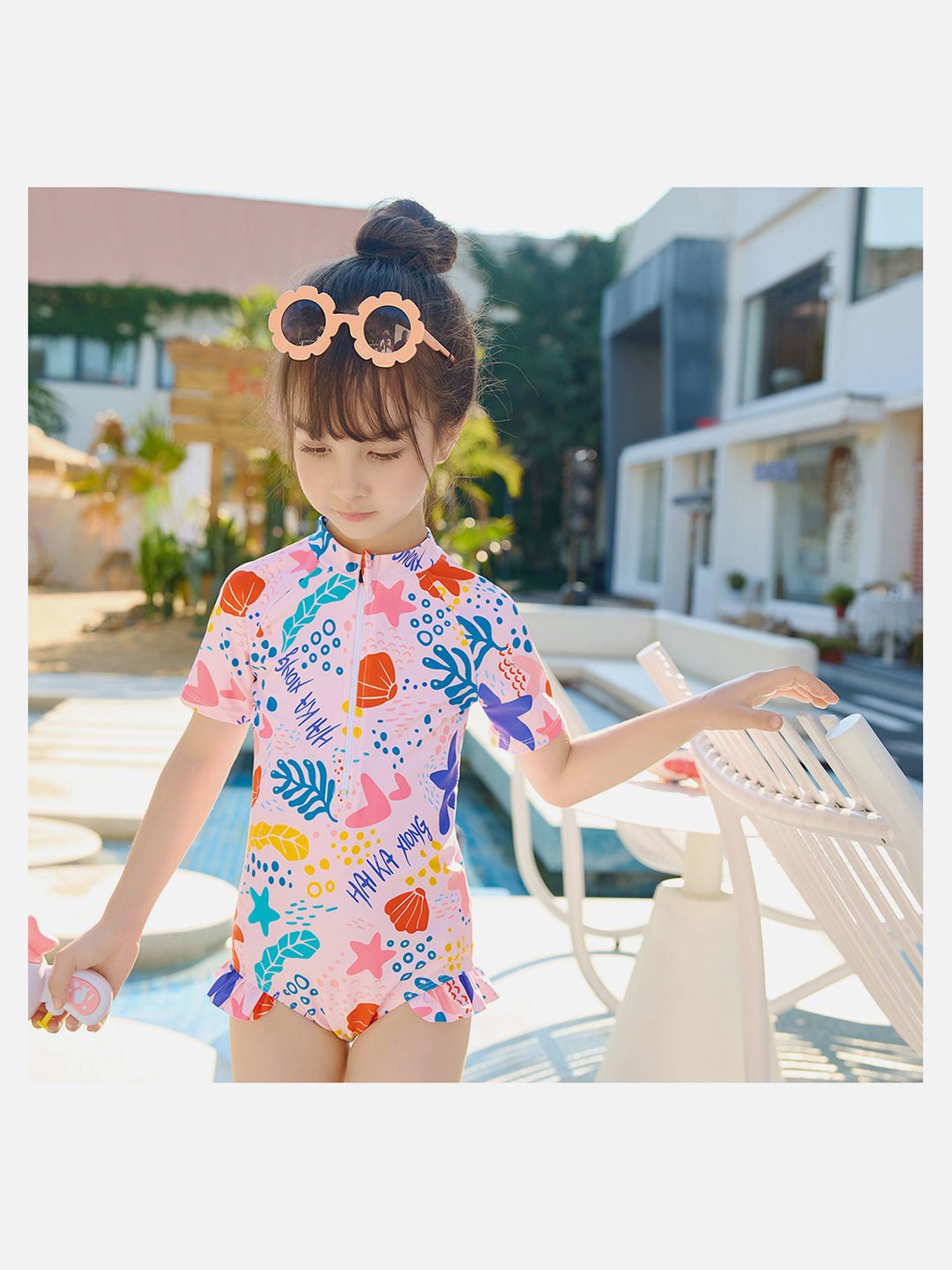 Pink Shell Starfish Printed Kids UPF 50+ 2pcs Swimwear With Matching Swim Cap