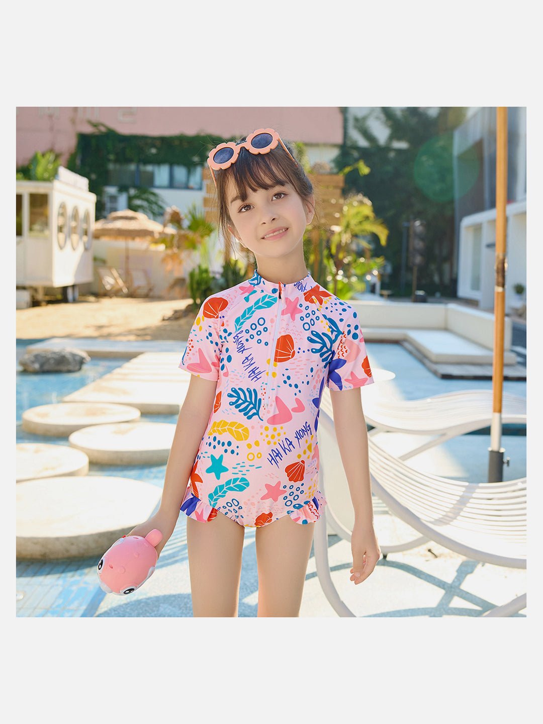 Pink Shell Starfish Printed Kids UPF 50+ 2pcs Swimwear With Matching Swim Cap