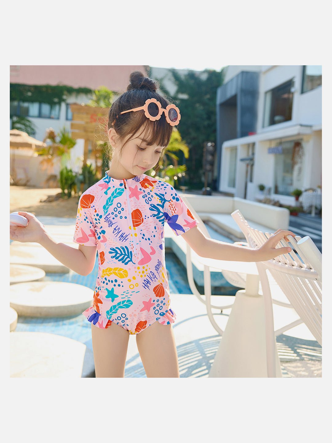Pink Shell Starfish Printed Kids UPF 50+ 2pcs Swimwear With Matching Swim Cap