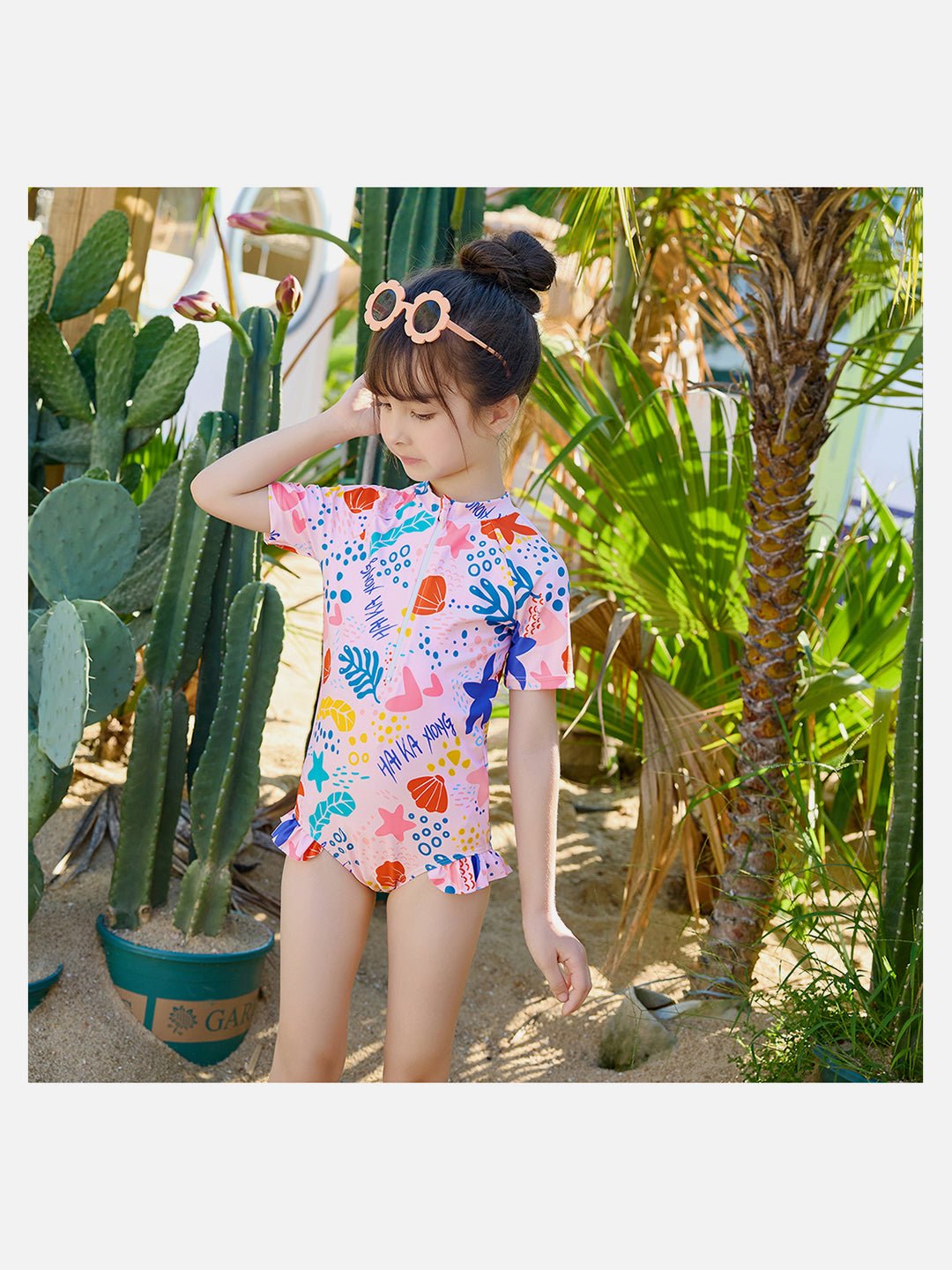 Pink Shell Starfish Printed Kids UPF 50+ 2pcs Swimwear With Matching Swim Cap