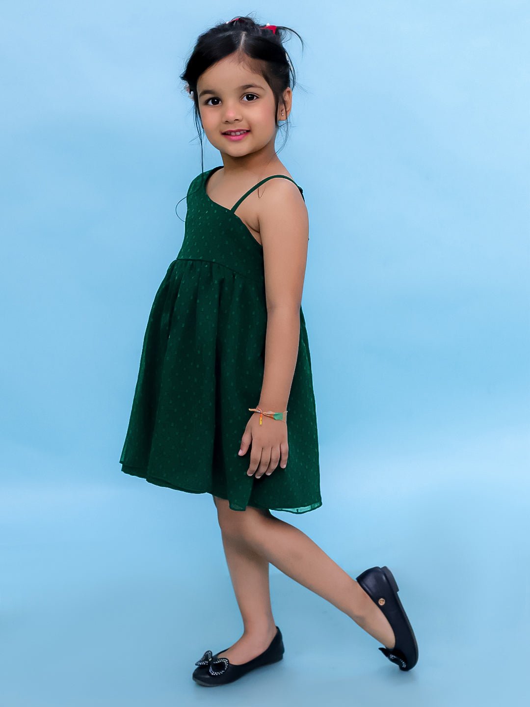 Lucky Clover Green Flared Sleeveless Casual Dress For Girls