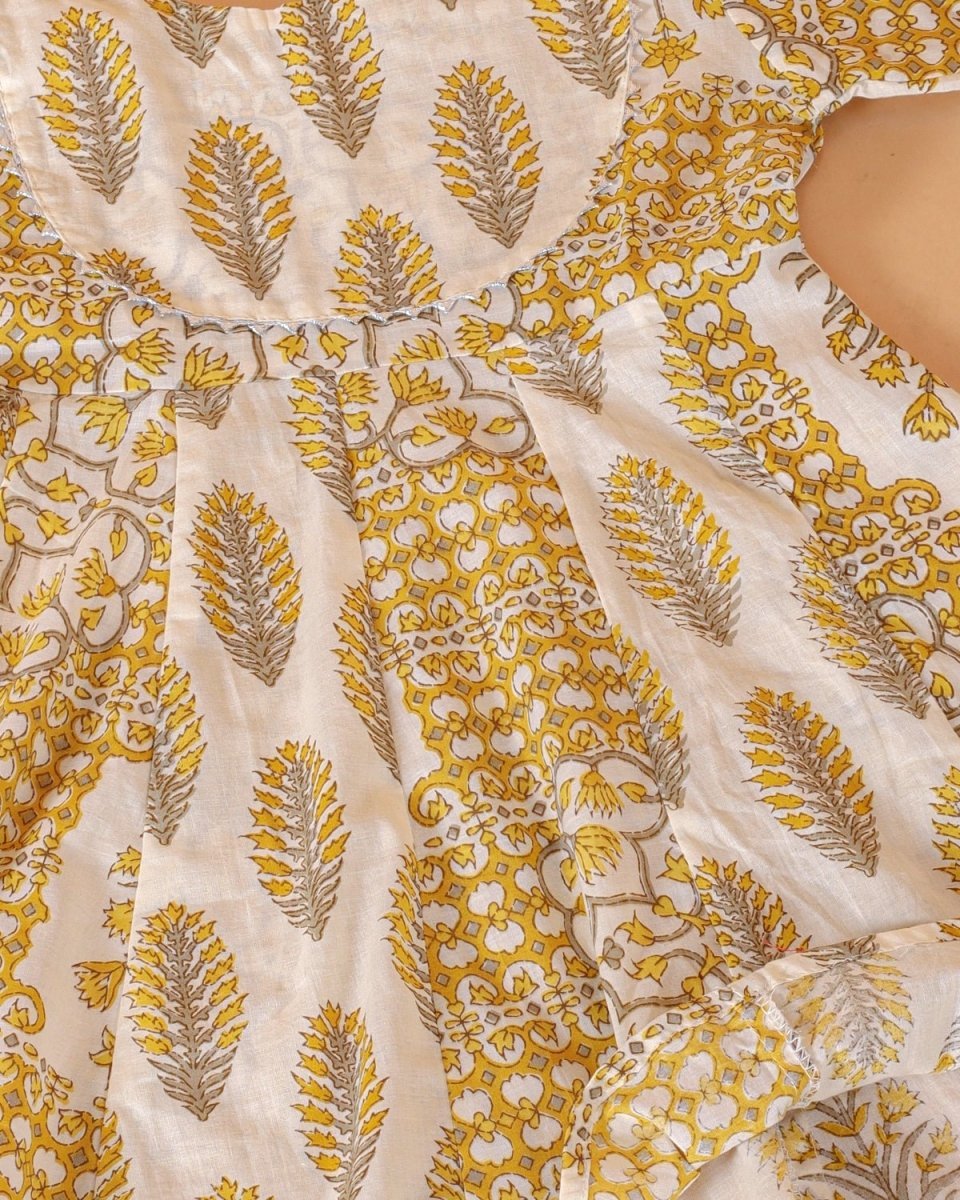 Yellow Floral Print Girls Anarkali Kurta Set