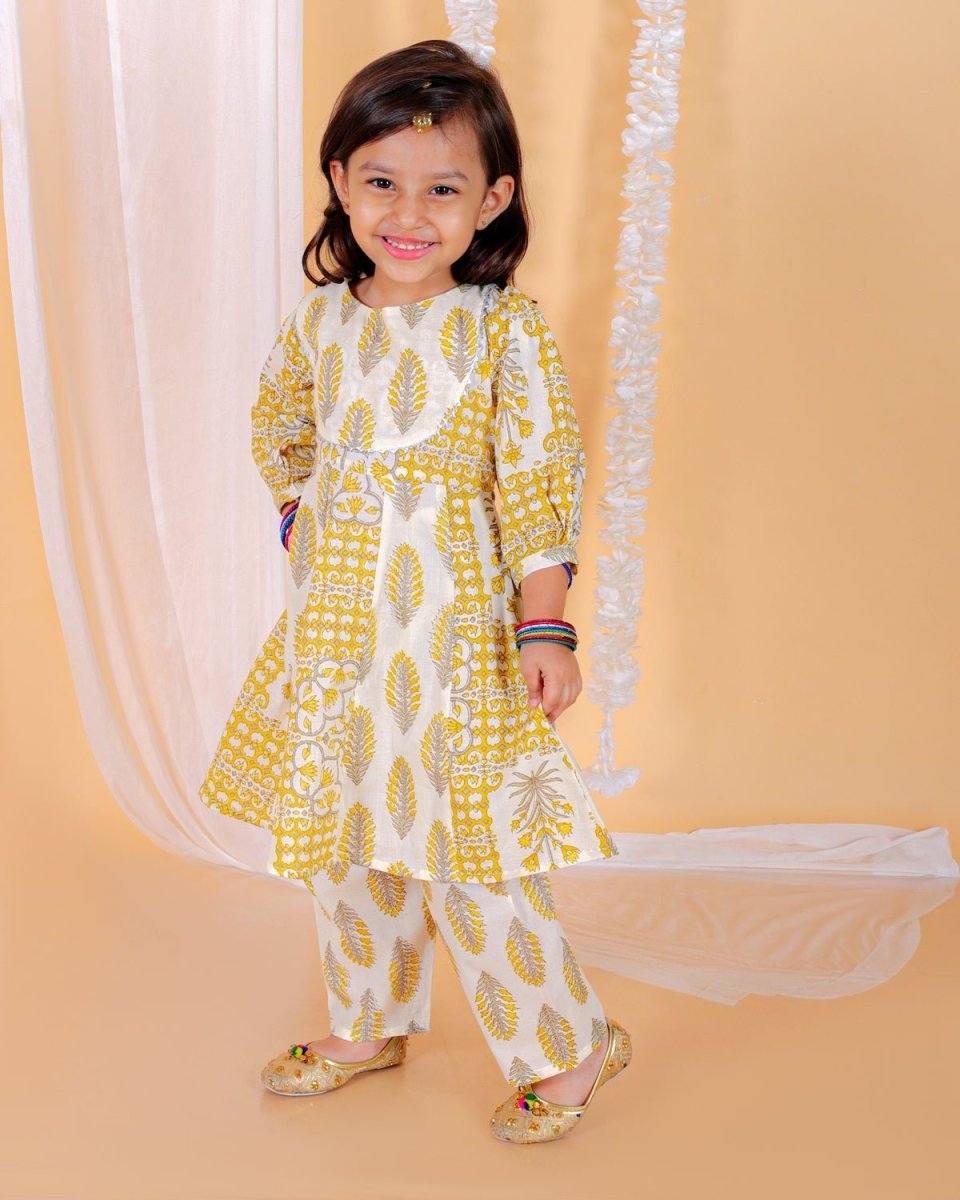 Yellow Floral Print Girls Anarkali Kurta Set