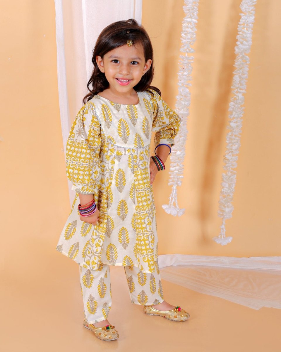 Yellow Floral Print Girls Anarkali Kurta Set