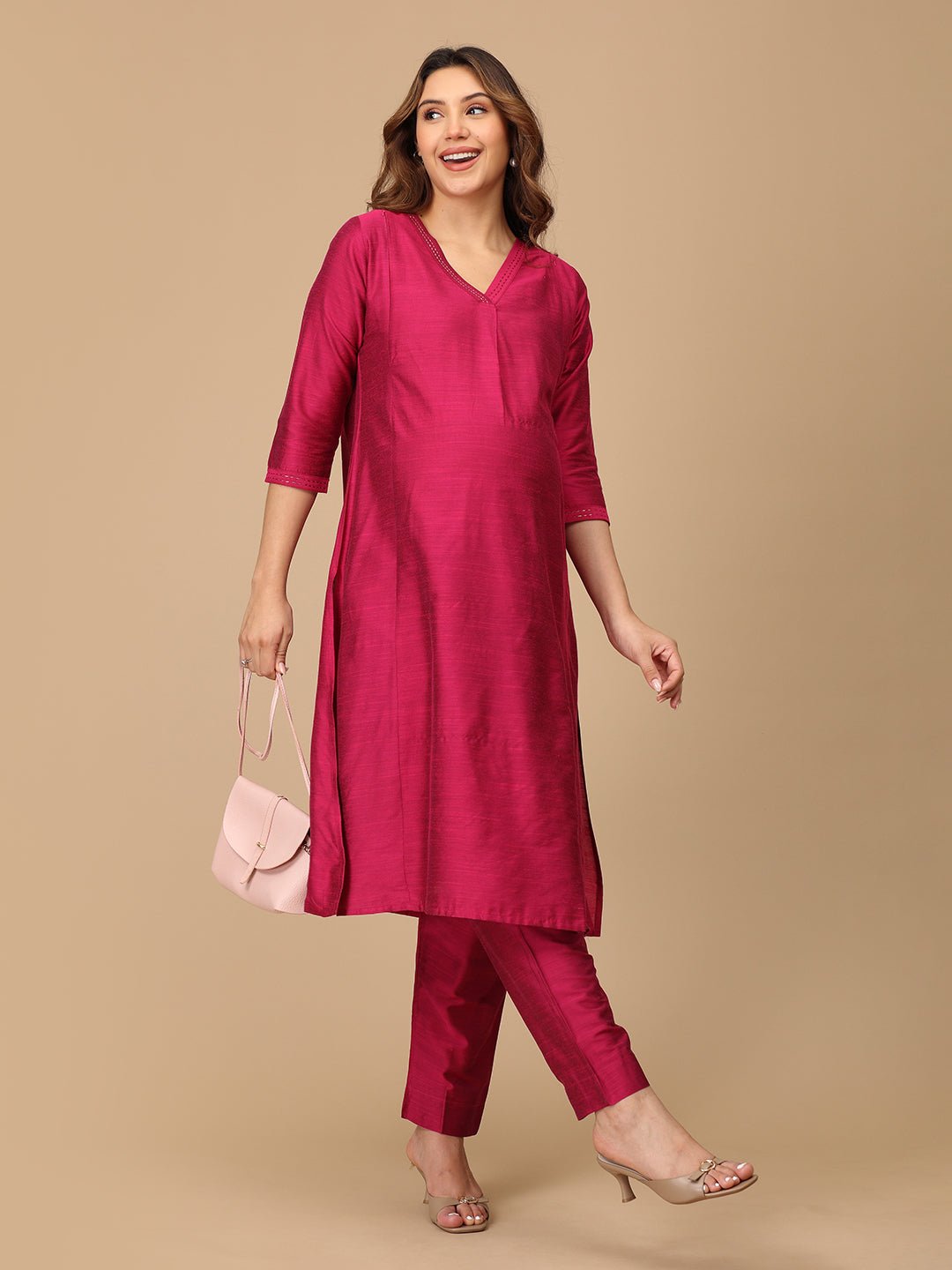  Magenta Haze Embroidered Maternity and Nursing Kurta Set Magenta