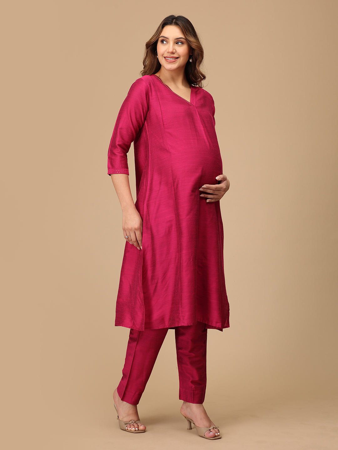  Magenta Haze Embroidered Maternity and Nursing Kurta Set Magenta