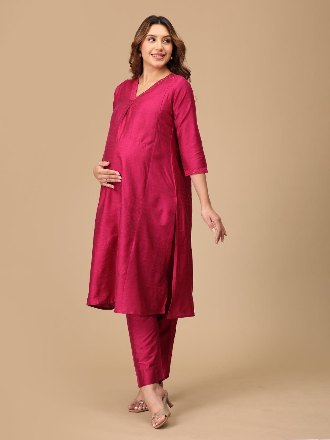  Magenta Haze Embroidered Maternity Silk Kurta Set Magenta