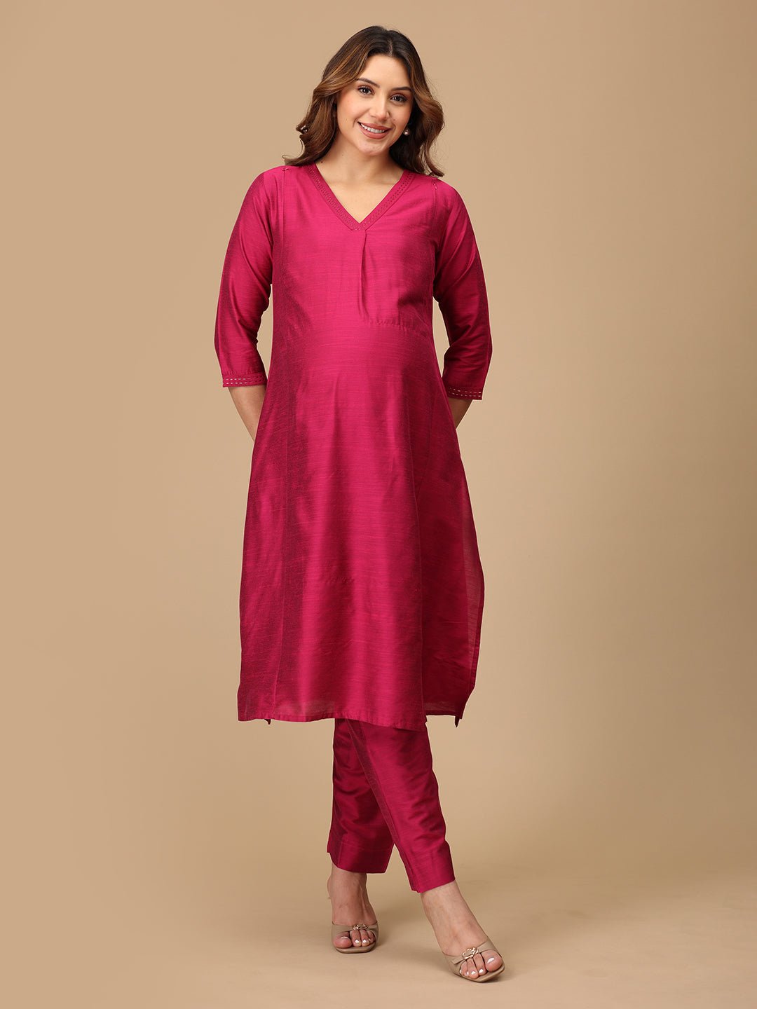  Magenta Haze Embroidered Maternity Silk Kurta Set Magenta