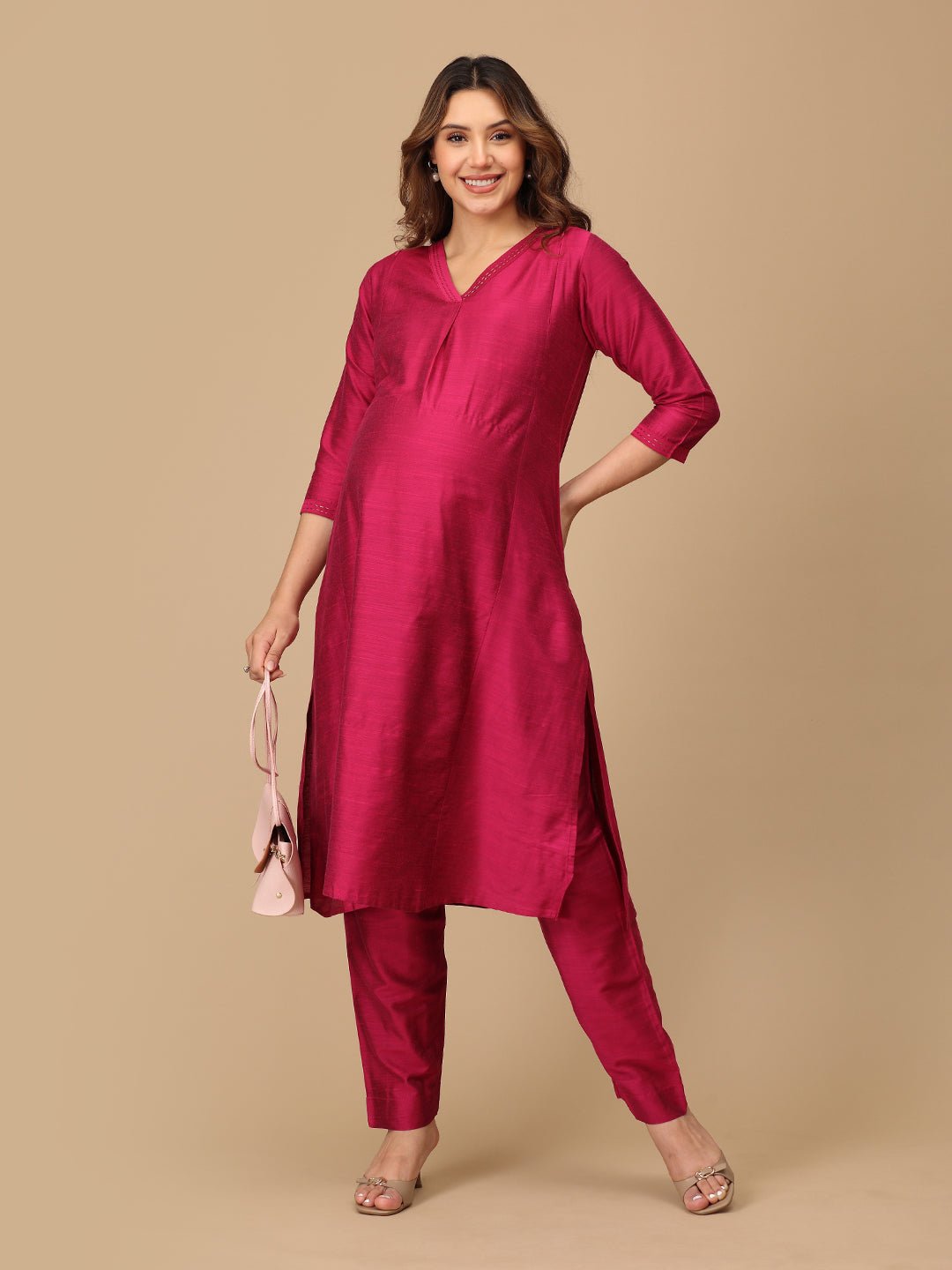  Magenta Haze Embroidered Maternity and Nursing Kurta Set Magenta