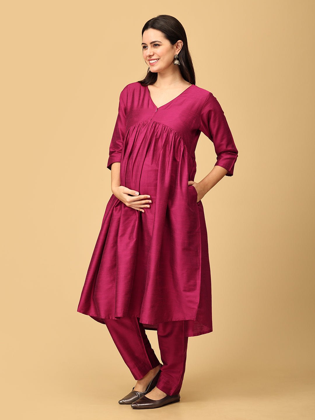  Magentastic Maternity and Nursing Silk Kurta Set Magenta