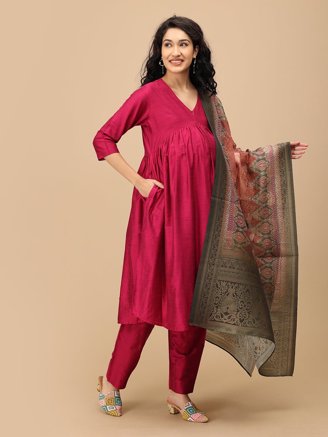  Magentastic Maternity and Nursing Silk Kurta Set Magenta